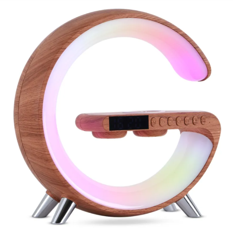 Smart G-Shaped LED Lamp with 15W Wireless Charger, Bluetooth Speaker, Alarm Clock & RGB Night Light.